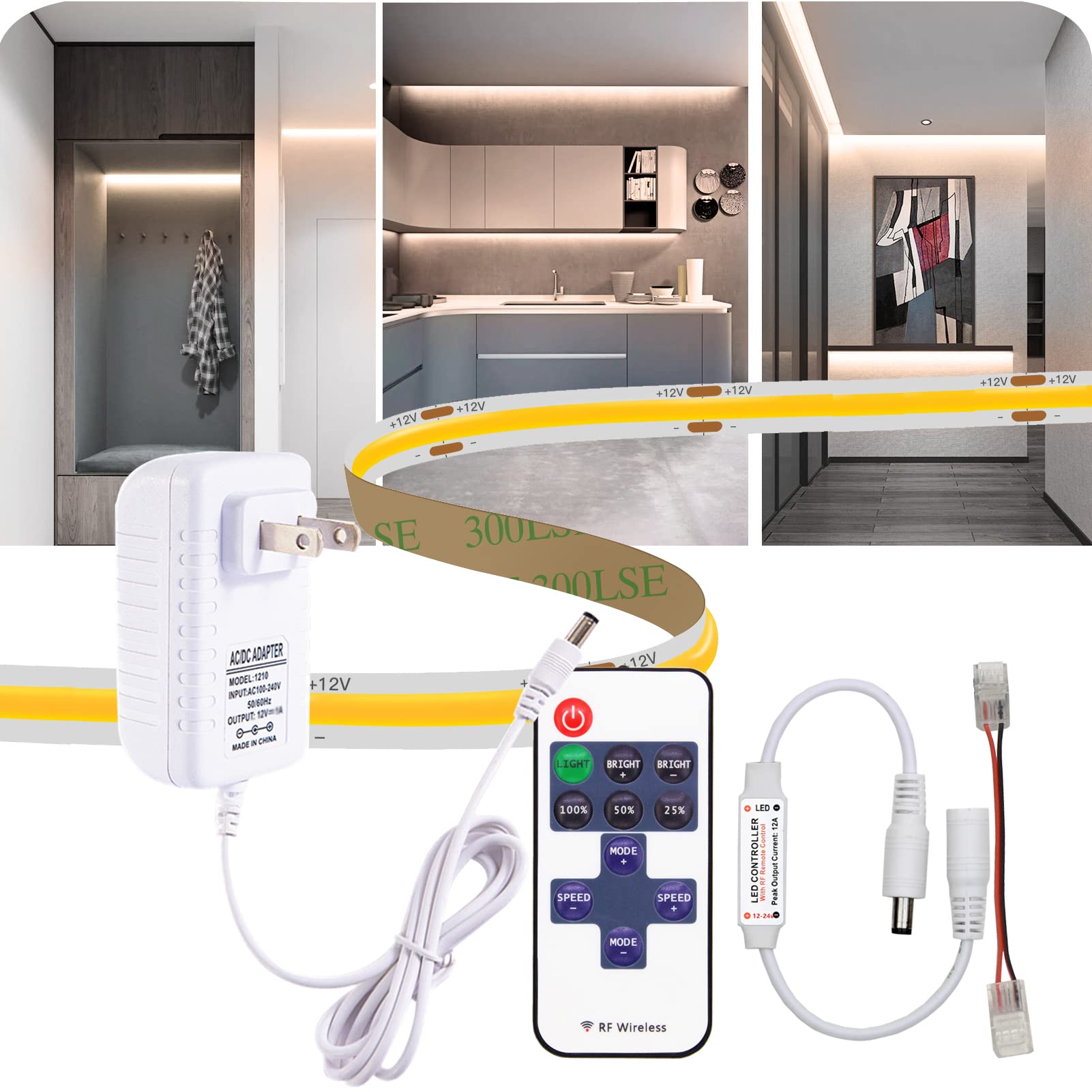 10ft COB LED Light Strip Kit Width 8mm 1440leds Warm White 3000K Dimmable RF Wireless Remote Controller for Illuminating Clothes Downstairs Bar Shelf Under Cabinet Lighting