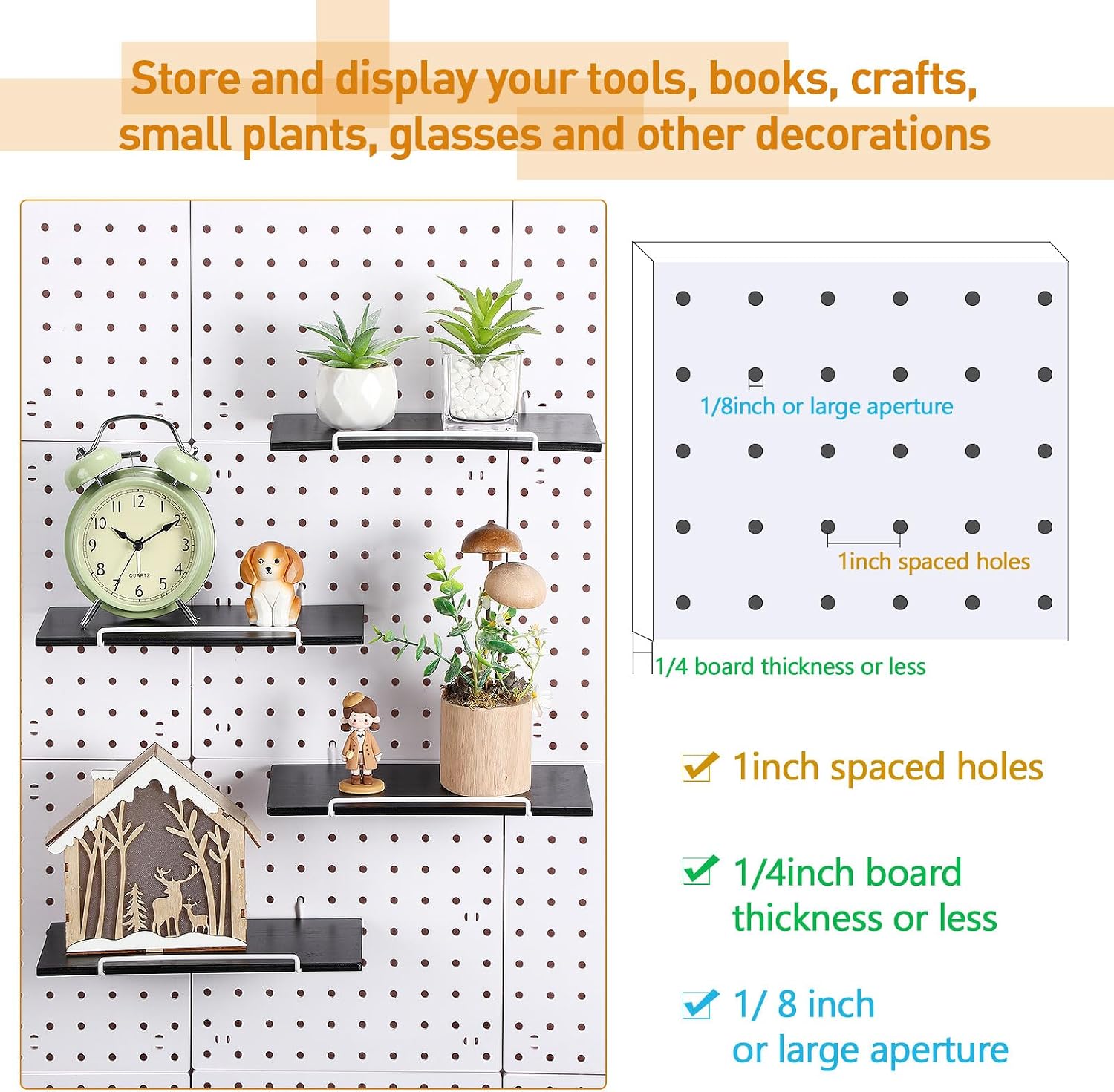Wonderjune 4 Pcs Wooden Pegboard Shelves with Metal Pegboard Shelf Brackets Peg Board Display Storage Tray Wall Organizer Peg Board Accessories for Craft Room Home Kitchen(Black,9.84 x 5 Inch)