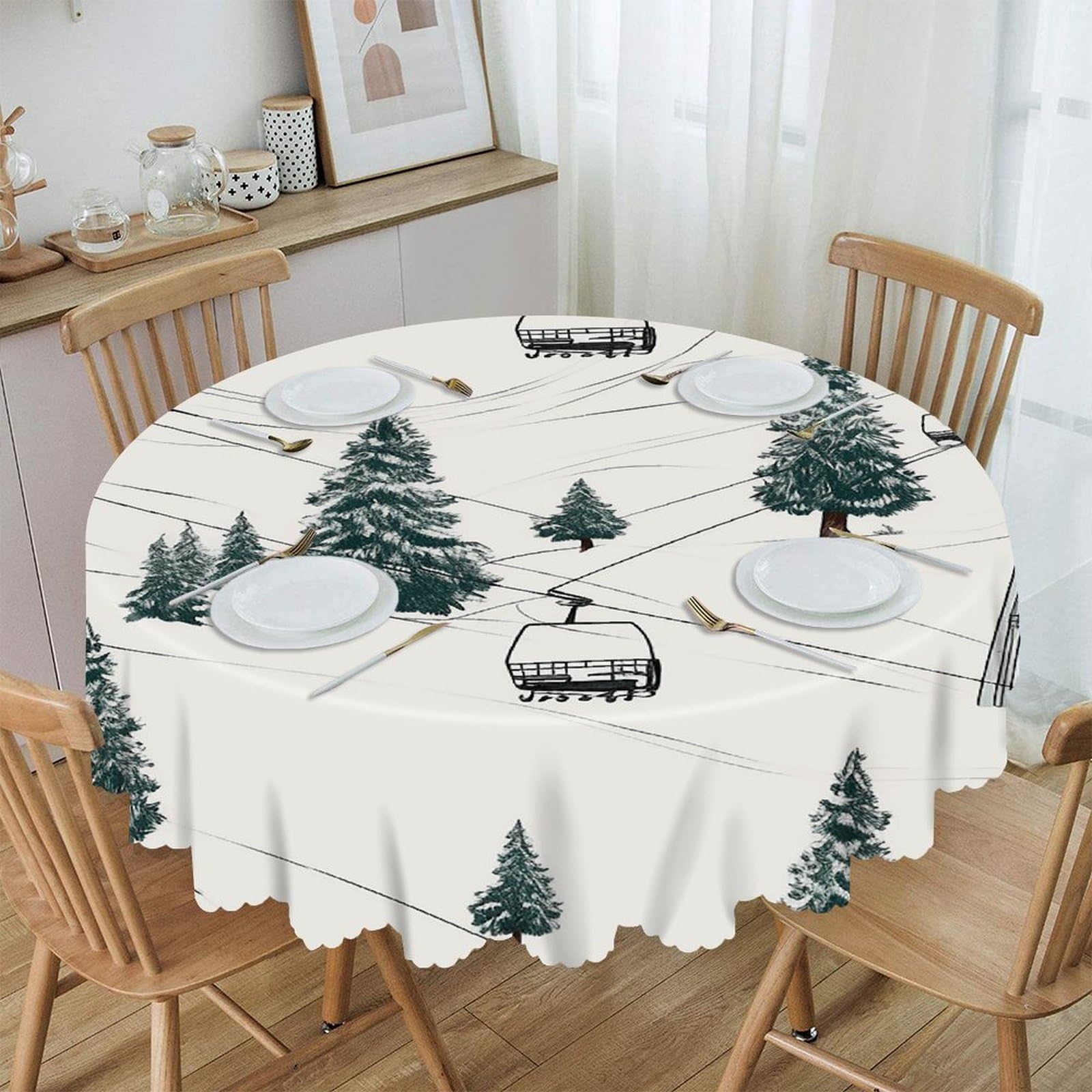 LZQPOEAS Ski Lift with Fir Tree Round Tablecloth Rustic Circle Table Cloth Wrinkle Resistant Decor Tablecloth Waterproof Washable Table Cover for Kitchen Party Dining Table 60 Inch