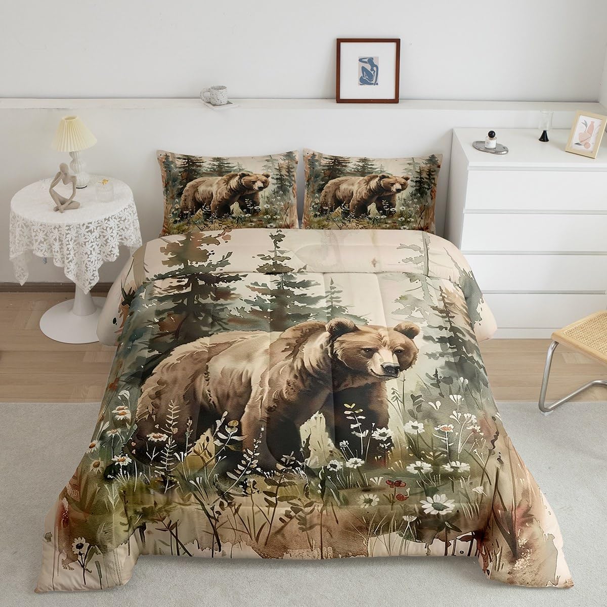 Feelyou Bear Bedding Set Queen Size Kids Woodland Bear Comforter Cover for Boys Girls Teens Forest Nature Wildlife Duvet Cover Onion Green Quilt Set Breathable Soft Lightweight Microfiber