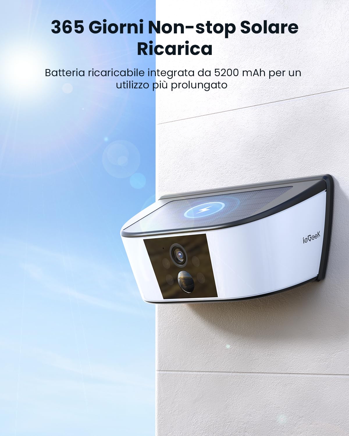 ieGeek 2K Faro Esterno con Telecamera, Luce Telecamera Wifi Esterno Senza Fili, Pannello Solare Integrato, Faretto Regolabile, Rilevamento PIR, Visione Notturna a Colori, IP65, Solo 2,4 GHz, S4