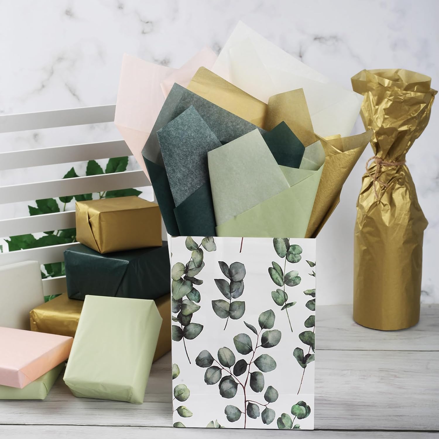 100 Sheets 20 * 14 Inches Green Yellow Gold Rose Tissue Paper for Gift Wrapping, Assorted Color Tissue Paper for Gift Bags for Wedding Valentines Greenery Themed Birthday Party Craft