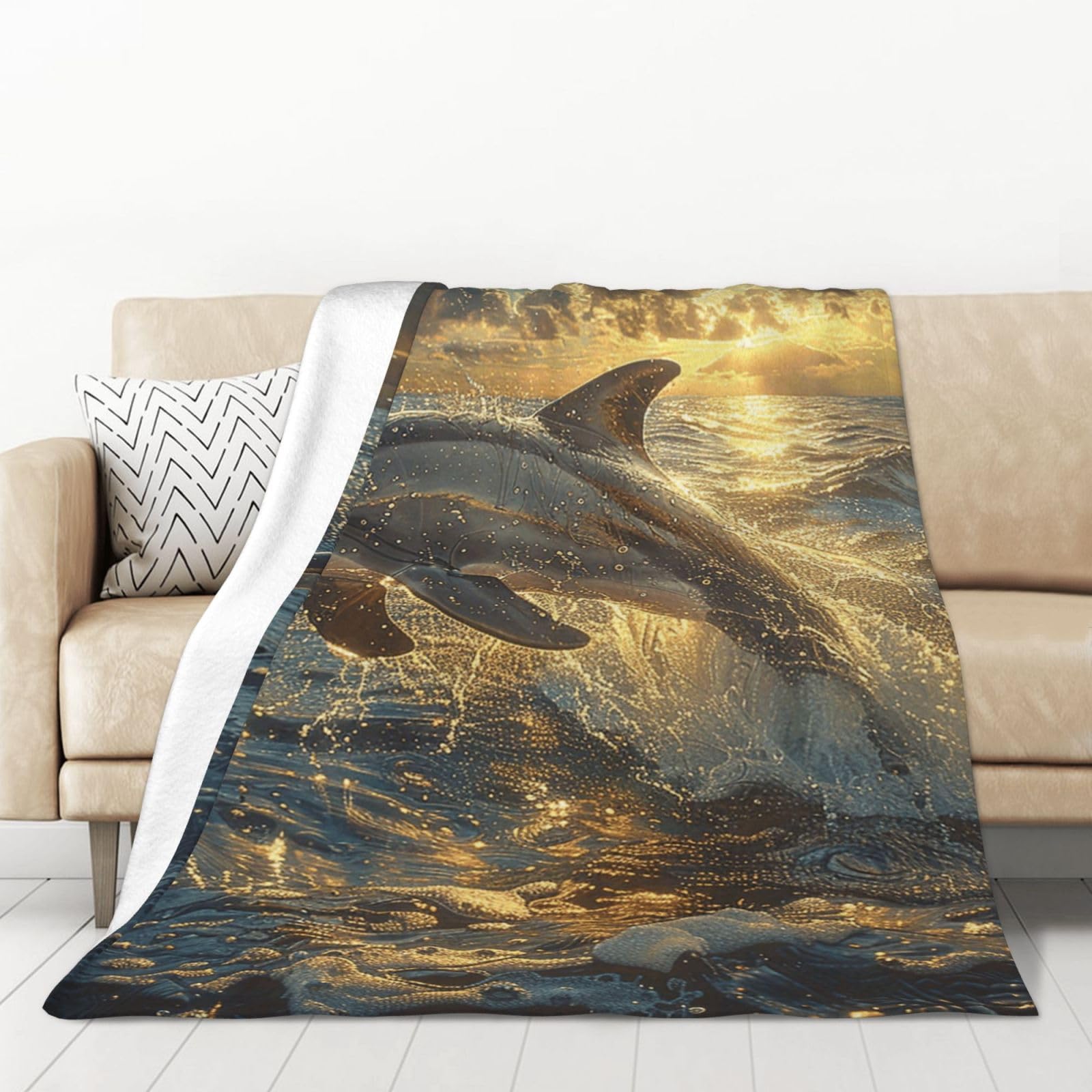 PAQOLSMCKR Throw Blanket Dolphin in The Ocean Flannel Blankets for Sofa Reversible Plush Blanket Soft Cozy Throw Blankets for Couch Camping All Seasons