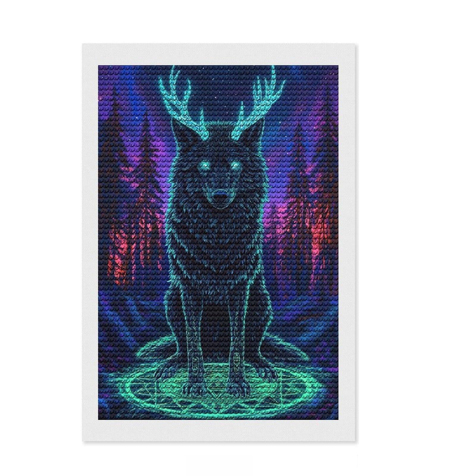 Junmoney Mystical Wolf Antlers Forest 5D Diamond Painting Kit 8"x12", Round Gems, Aesthetic Room Decor, Seasonal Gift Choice, Gift Idea, Leisure Activity