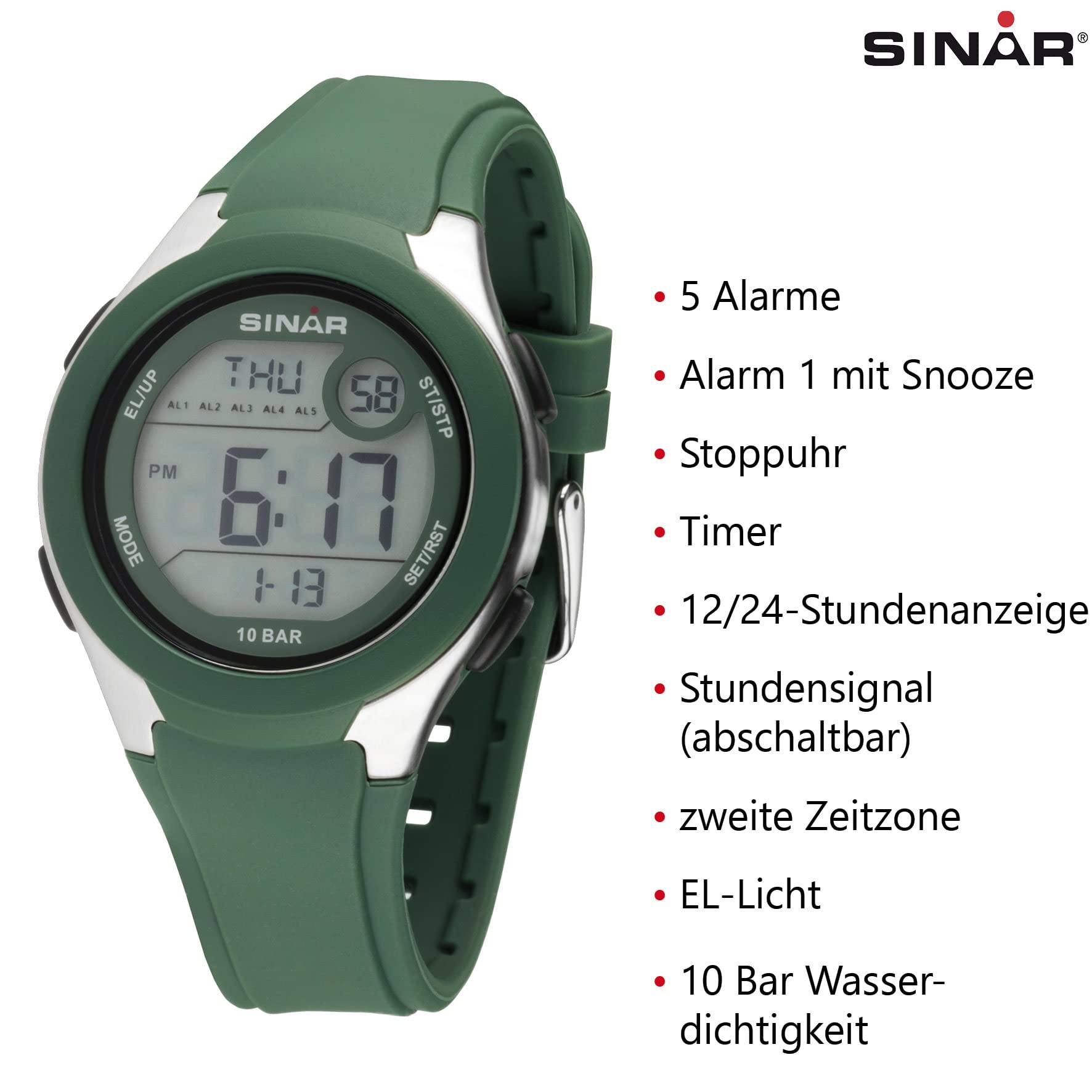 SINAR Zegarek damski męski młodzieżowy zegarek na rękę unisex zegarek sportowy outdoor cyfrowy kwarcowy 10 bar z silikonowym paskiem, 5 alarmów i światła khaki zielony XV-19-3