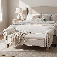 AtomhomeFurniture 51.5" Beige Linen Upholstered End of Bed Storage Bench with Rolled Arms & Nailhead Trim