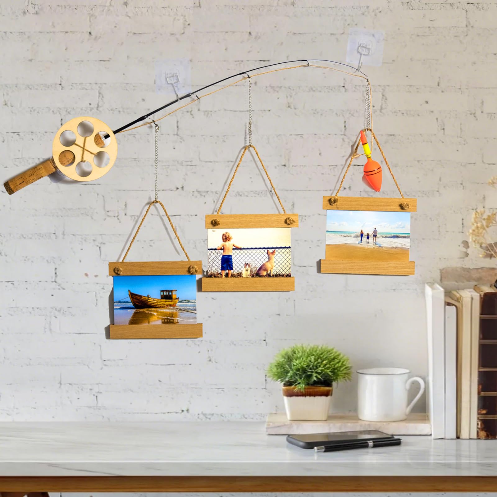 RELIY Wood Fishing Pole Wall Decor with 3 4”X4” Frames, Wall Decor for Fishing Lovers & Fishermen : Home & Kitchen