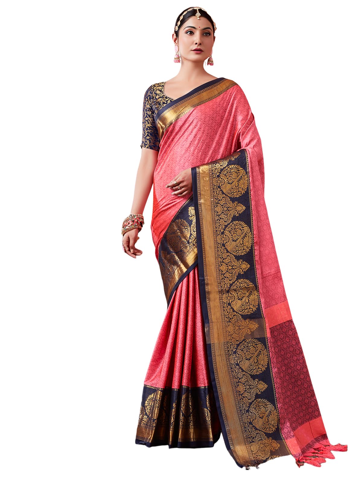 Satrani Women's Cotton Silk Dual Tone Dobby Weave Jacquard Border Saree With Unstitched Blouse Piece (3579S2511N_Punch Pink & Navy Blue)