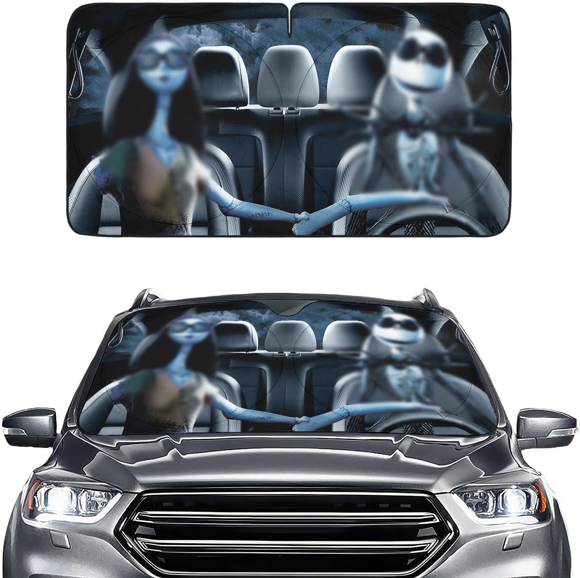 GENANY Ghost Doll Halloween Windshield Sun Shade 64x32 Inch Silver Car Shade for Halloween Summer Parking Heat Blocker