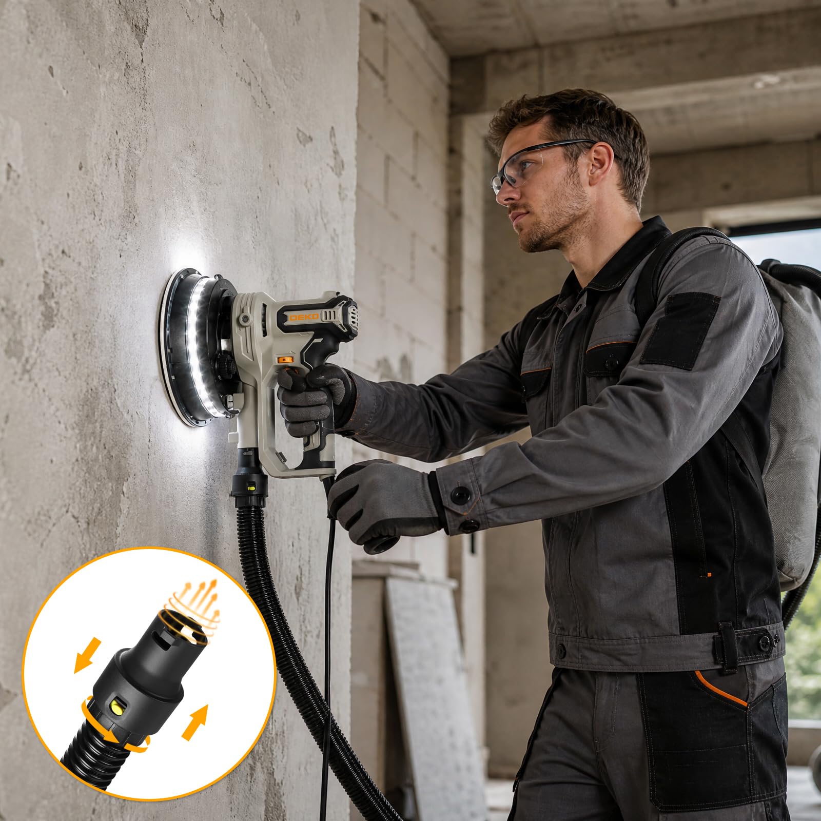 DEKO Levigatrice Muro 710W 6 Velocità, con Aspiratore LED, per Cartongesso | 1000-2100 Giri/min, Ø 180mm, Tubo Flessibile e 12 Dischi di Levigatura, Levigatrice Manuale per Pareti Intonaco e Soffitti