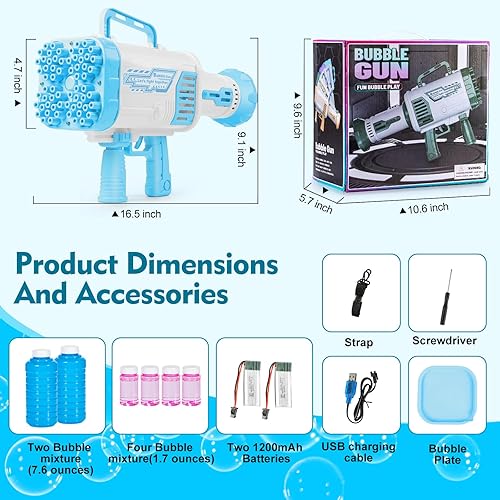 Miniatura 2 de Sofmonk Pistola de burbujas  La máquina de 64 agujeros tiene luces LED, la pistola de burbujas de mano grande tiene dos baterías recargablesseis