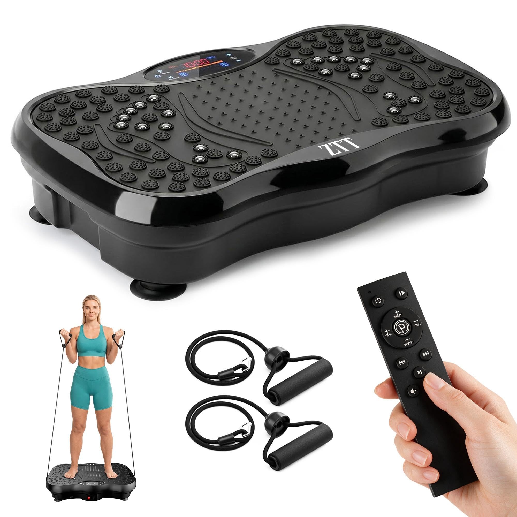 ztt vibration plate exercise machine for lymphatic drainage, 450lbs | bluetooth speakers, magnetic massage,99 speed levels,2 resistance bands, remote & touch control, anti-slip feet