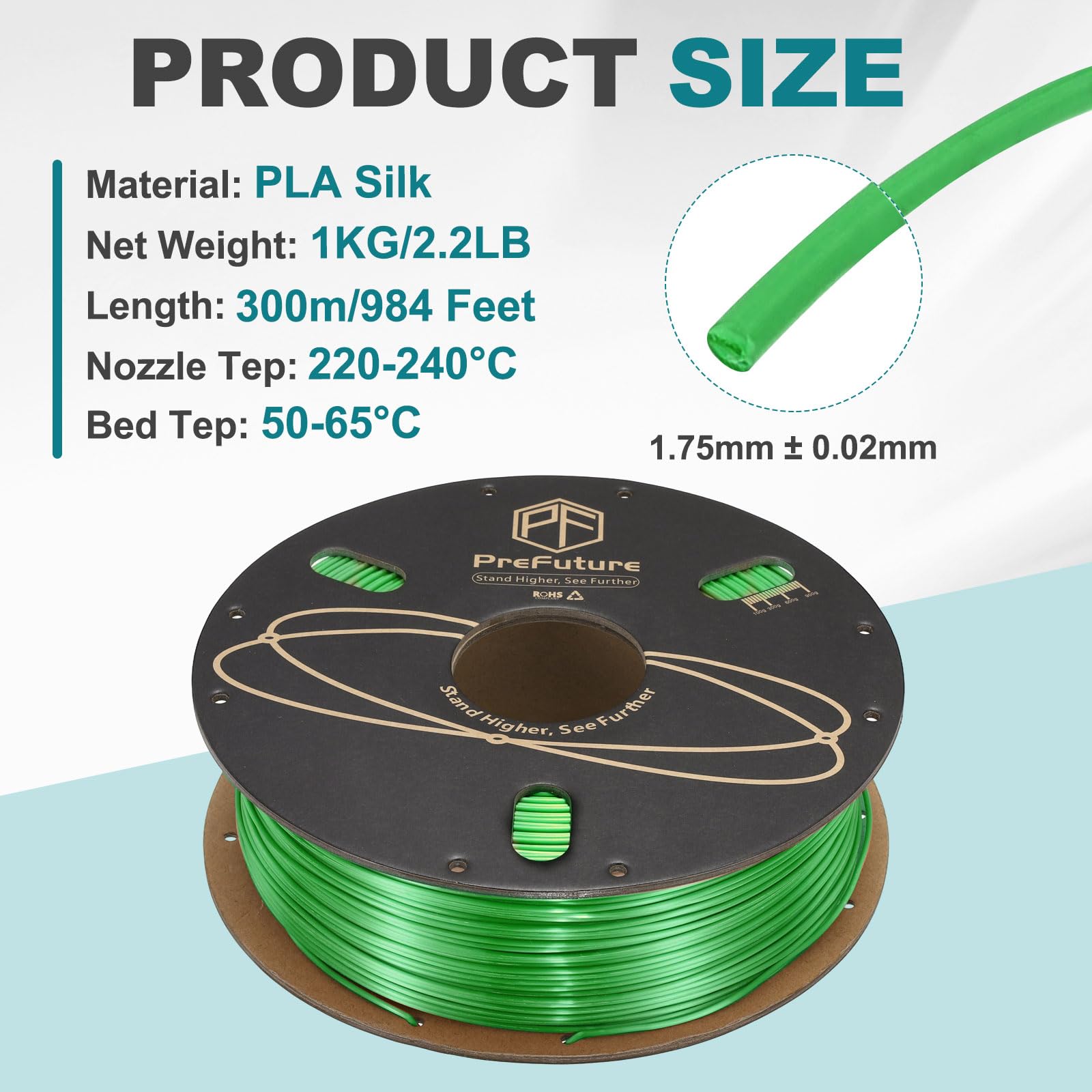 QUARKZMAN Filamento PLA Seta 1.75mm 1KG/2.2LB Alta Lucentezza Filamento per Stampante 3D, Resistenza Migliorata, Precisione Dimensionale 0.02mm per Stampante 3D, Verde.
