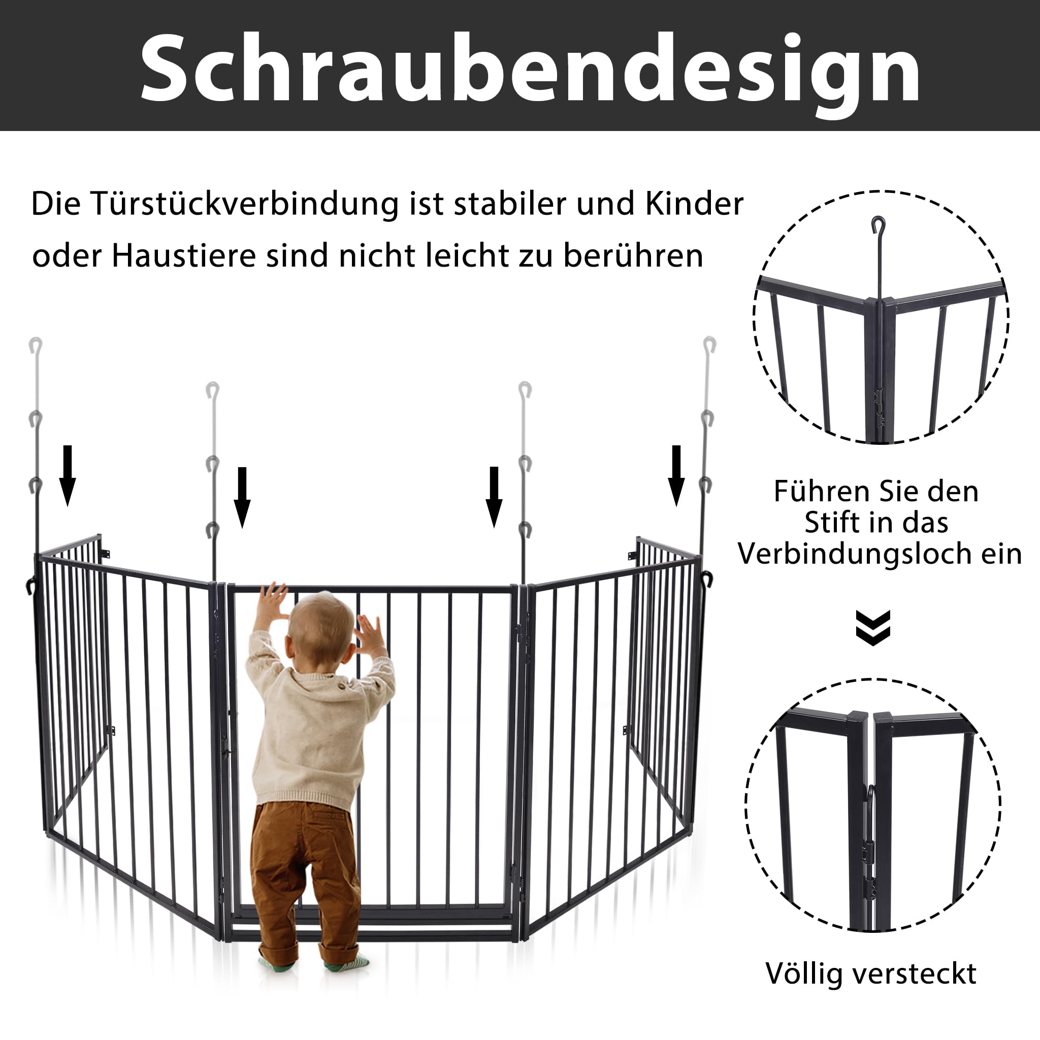 LILIIN 5-TLG Kaminschutzgitter mit Tür Kinderschutzgitter 305cm Gesamtlänge, Metall Türschutzgitter Absperrgitter Kindergitter, für Hunde, Kinder Sicherung, Schwarz, 60 x76 cm