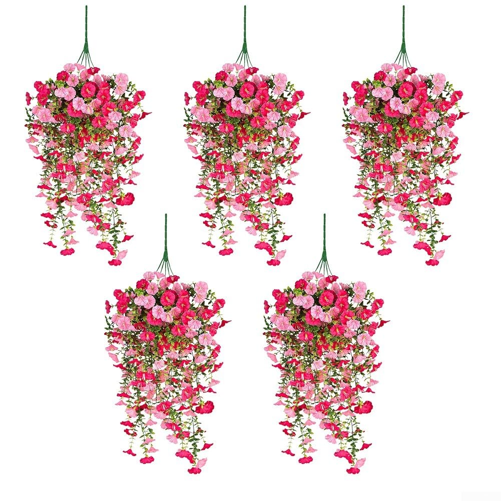 Fleurs artificielles en soie rose pâle | Lot de 5 suspensions pour extérieur et jardin