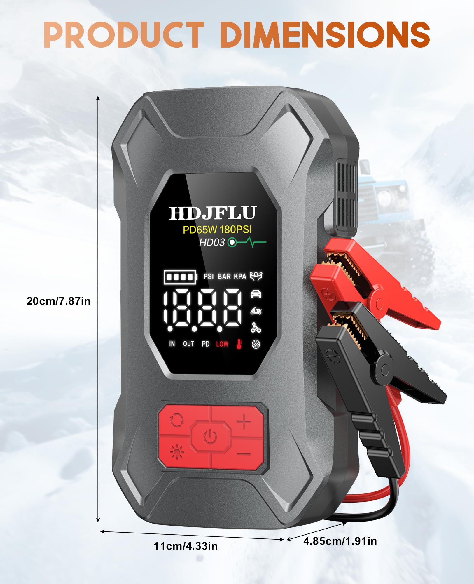 7500A con compressore d'aria da 180PSI, ricarica rapida da 65W, batteria portatile per auto da 24000mAh, gonfiatore di pneumatici da 12V (per benzina e diesel fino a 10L), luce LED