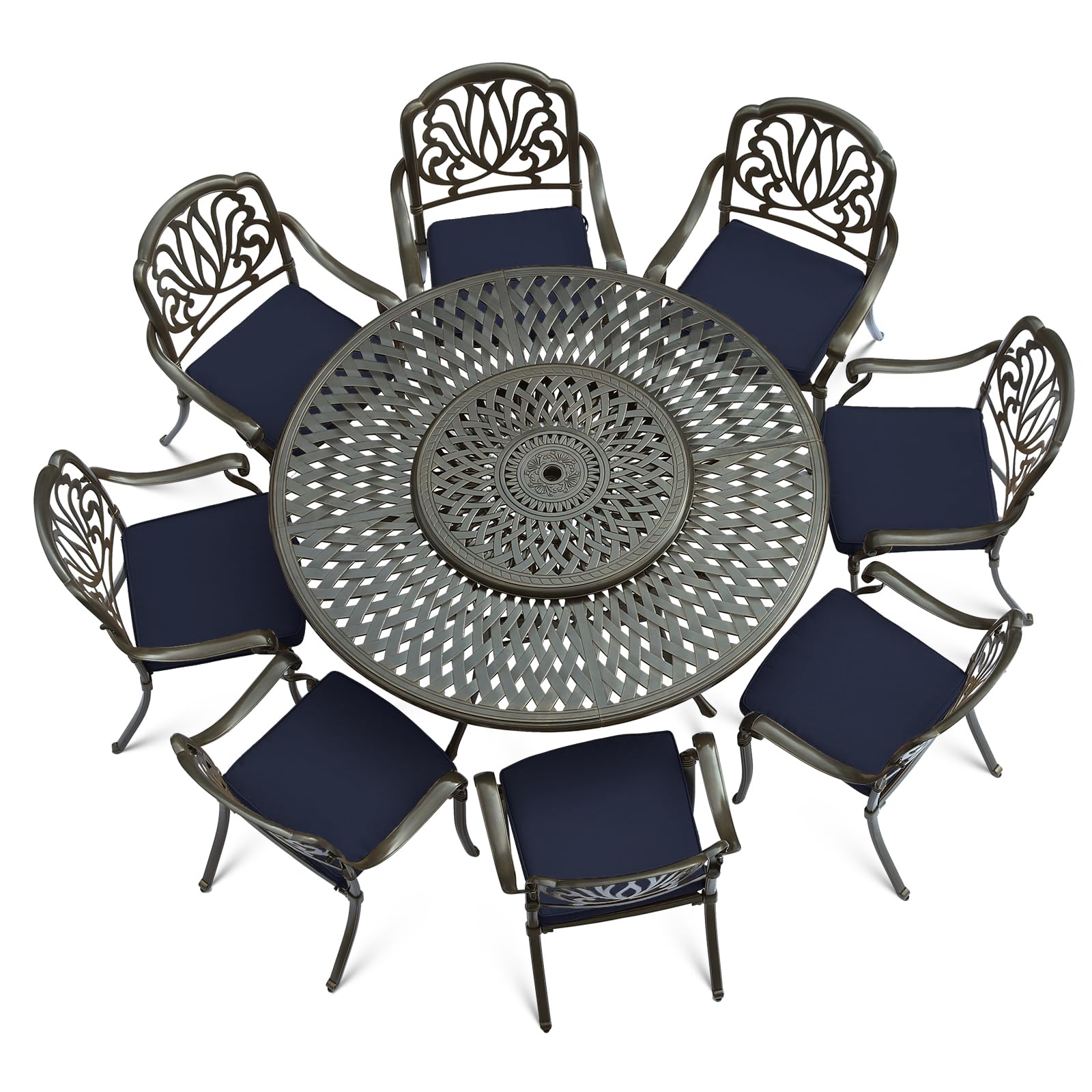 VIVIJASON 9-Piece Patio Furniture Dining Set, Rust-Free Cast Aluminum Outdoor Conversation Set, Include 8 Cushioned Chairs & 61" Round Dining Table
