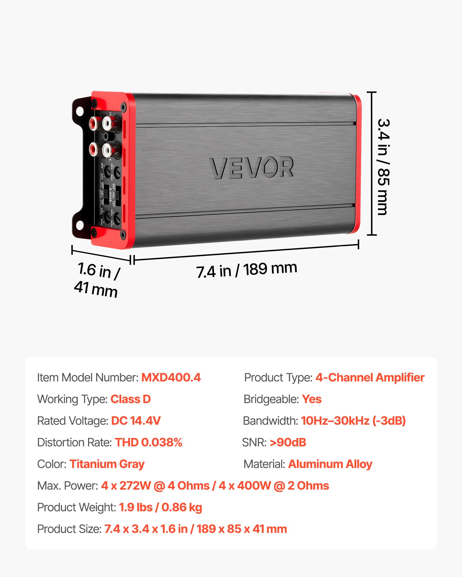 VEVOR Amplificatore Audio per Auto a 4 Canali Potenza a Ponte di Classe D max. 4x272 W a 4 Ohm/4x 400 W a 2 Ohm, Amplificatore per Vericoli Multicanale 14,4V CC Larghezza di Banda 10 Hz-30 kHz