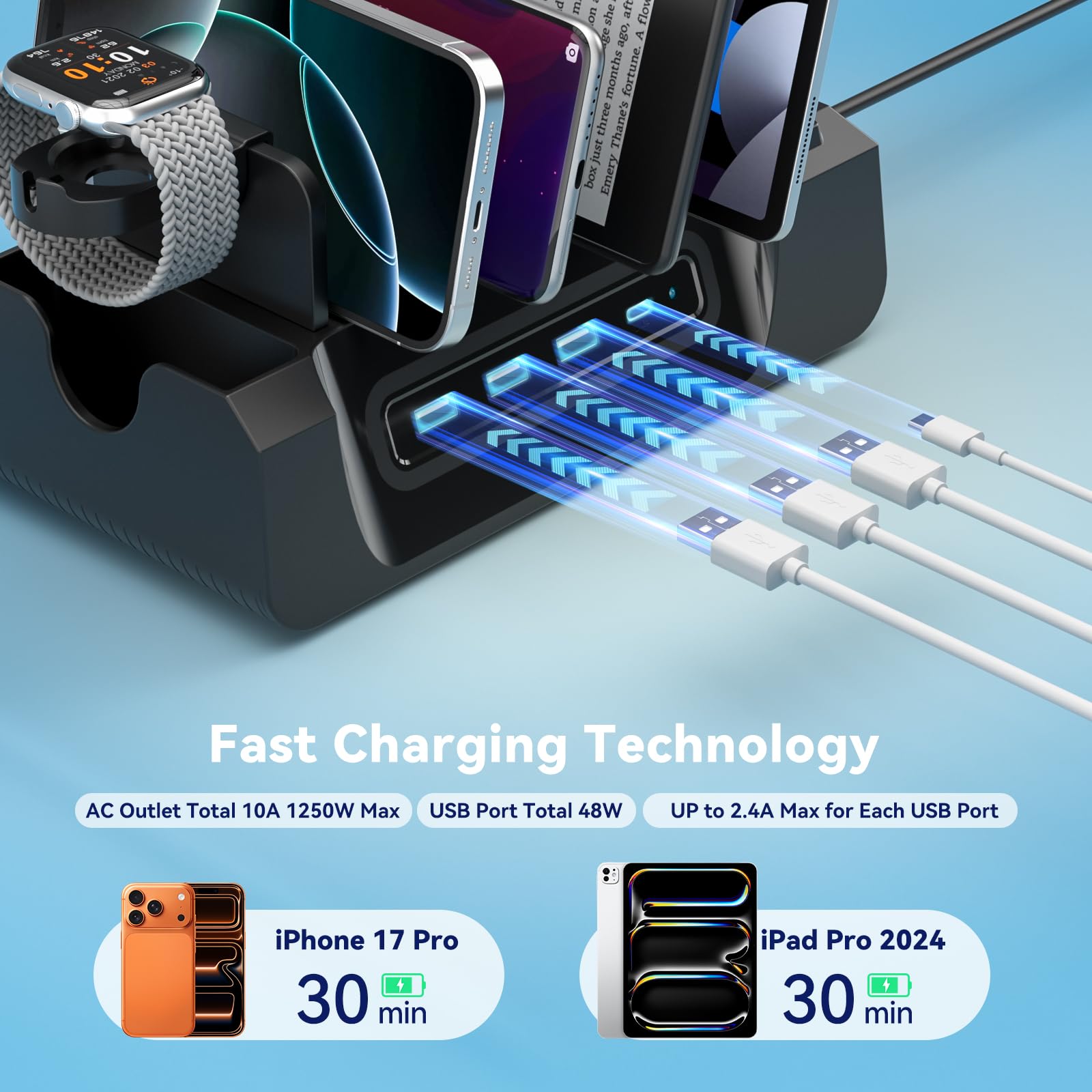 KDD Stazione di ricarica con 6 cavi di ricarica – Dock di ricarica rapida 6 in 1 per cellulare con supporto per cuffie e supporto per orologio, 2 AC e USB A e USB C, stazione di archiviazione per