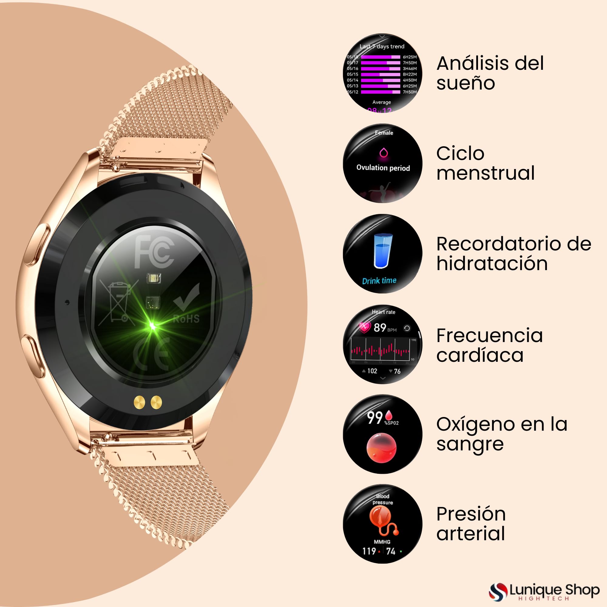 LSWATCH Reloj Inteligente Mujer con Llamada,1,6 “, 2 Correas, Smartwatch Seguimiento del Periodo, 120+ Modos Deportes, Pulsómetro, SpO2, Monitor Sueño Podómetro para Android iOS Oro Rosa