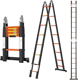 Escada de extensão telescópica de alumínio A-Frame com pés antiderrapantes, telescópio RV de 16,5 m, escadas compactas extensíveis dobráveis para trailers de viagem no telhado da casa, ajustável