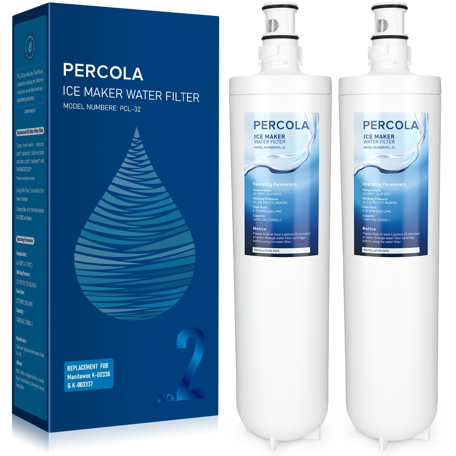 PERCOLA Manitowoc K00338/K00337 Arctic Pure Ice Maker Water Filter, Compatible with Manitowoc AR-10000 Ice Maker (2 Pack)