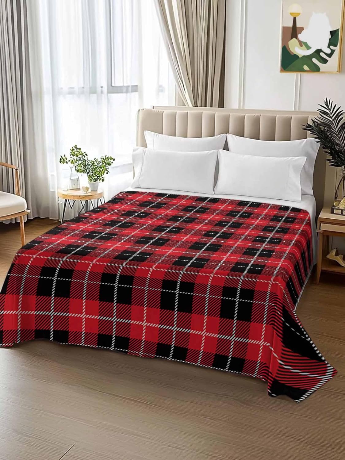 Top Sheet Full Bedding Flat Sheet Only, Christmas Black Red Buffalo Plaid Microfiber Bed Sheets Soft Breathable Bedding Flat Sheets, Classic Checker Grid Hotel Luxury Top Sheets