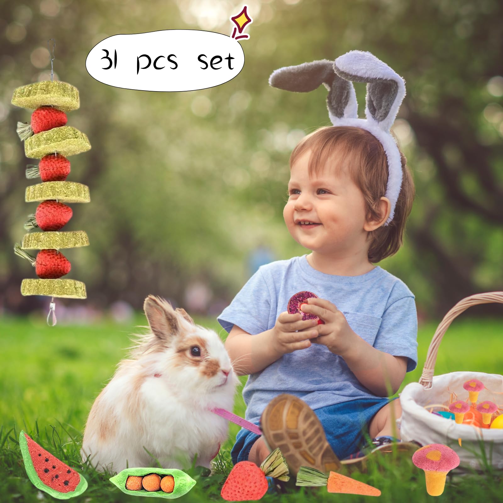 31 juguetes masticables para mascotas pequeñas para la salud dental: madera natural de manzana, palos de hierba Timothy y bambú dulce, juguetes de molienda de dientes para conejos, cobayas