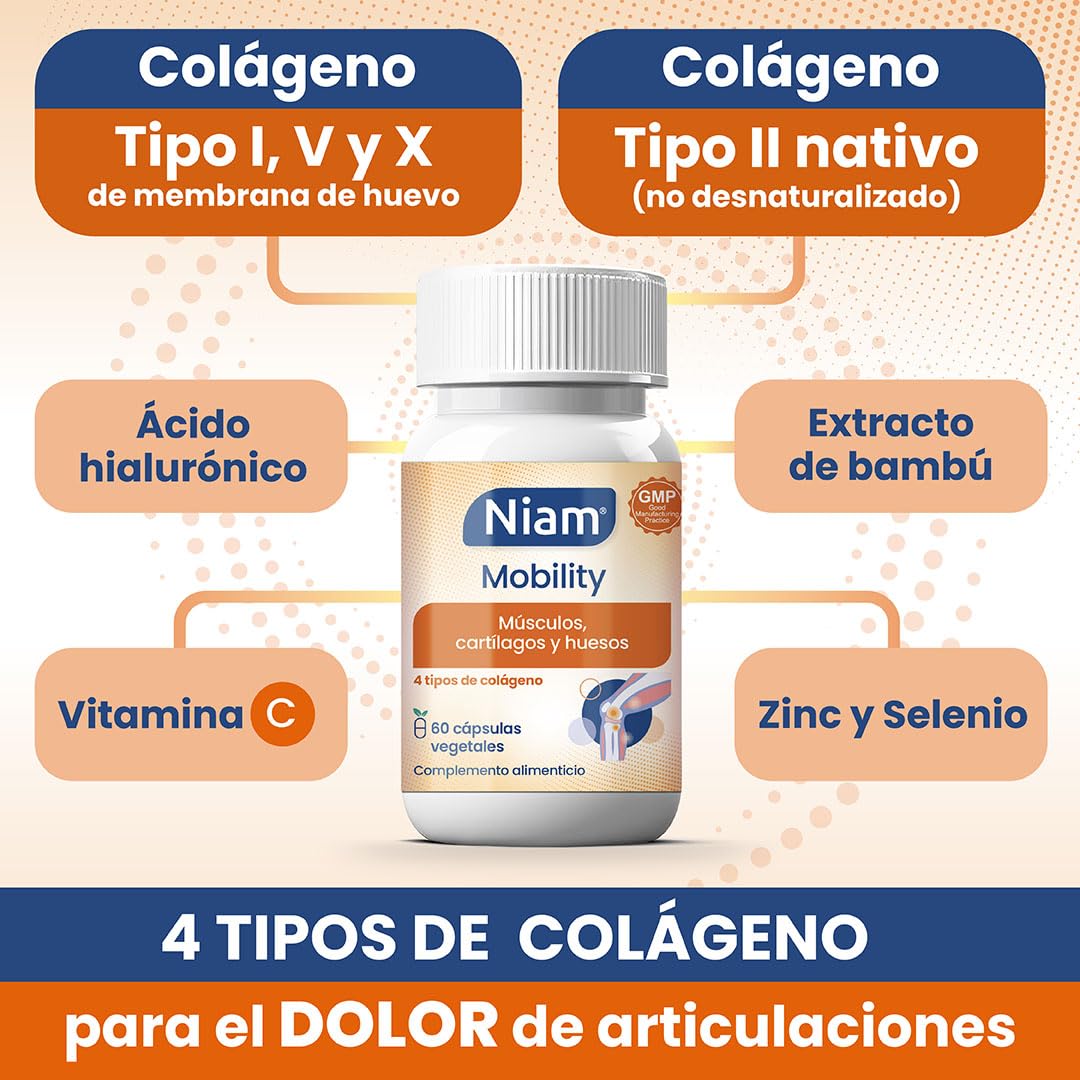 [Pack 2] Niam Mobility | Multi Colágeno para Articulaciones | 120 cápsulas | Colágeno tipo II, I, V y X con Ácido Hialurónico | Huesos, músculos, cartílago | Vitamina C, zinc y extracto de bambú