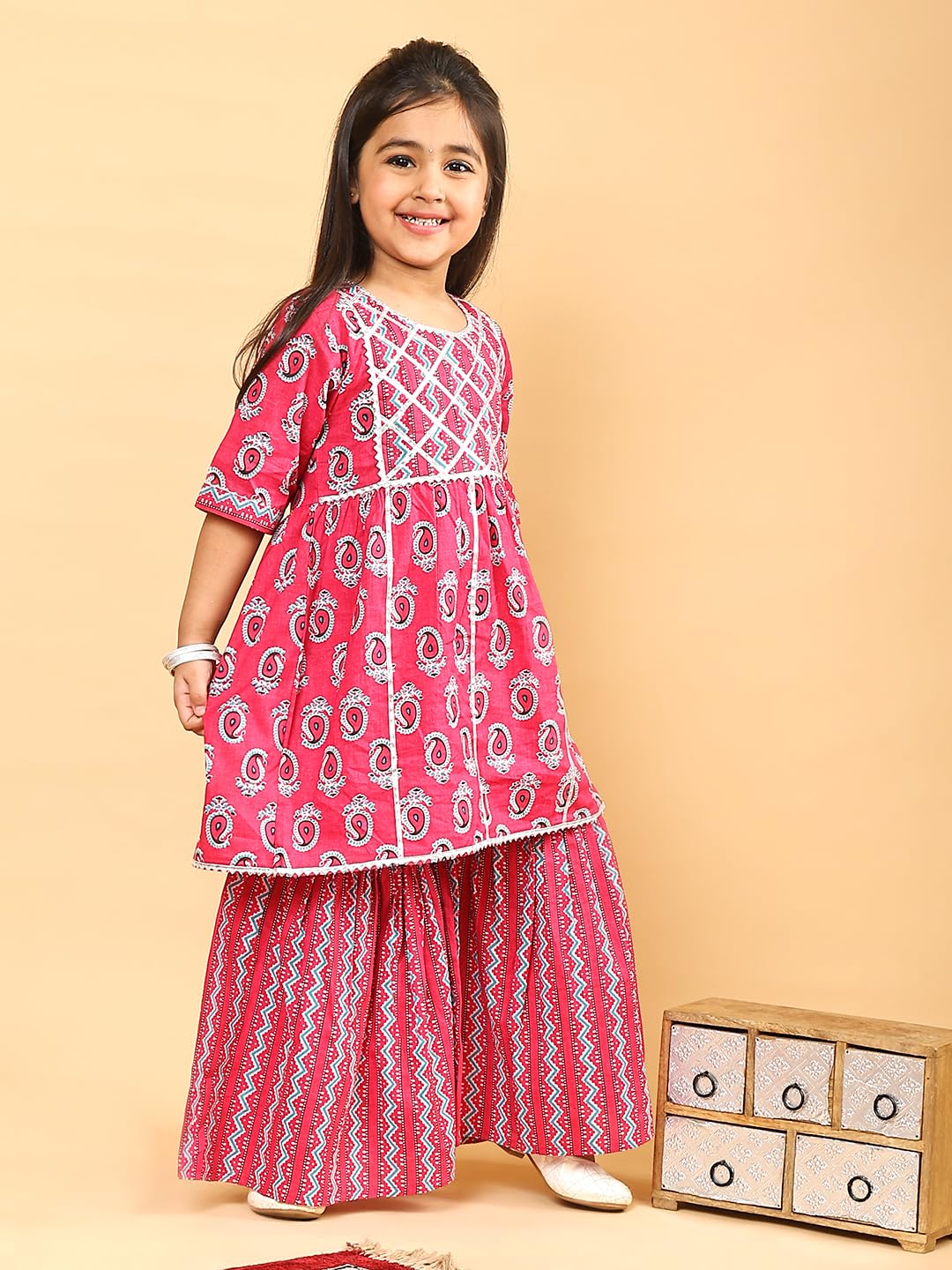 superminis Girls Sanganeri Printed Frock Style Cotton Kurti With Full Length Sharara Set (12-18 Months, Pink) 2