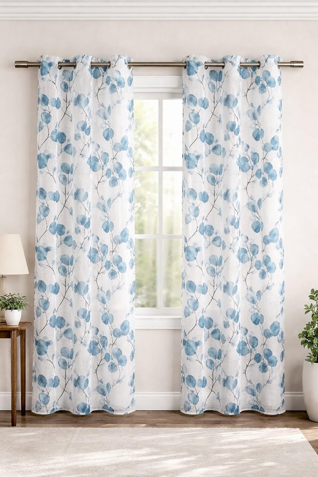 THE LINEN COMPANY Cotton Sheer Printed Curtain for Window Bedroom and Living Roonm Home dcor Set of 2 (04 Feet,Soft Blue Leaf)