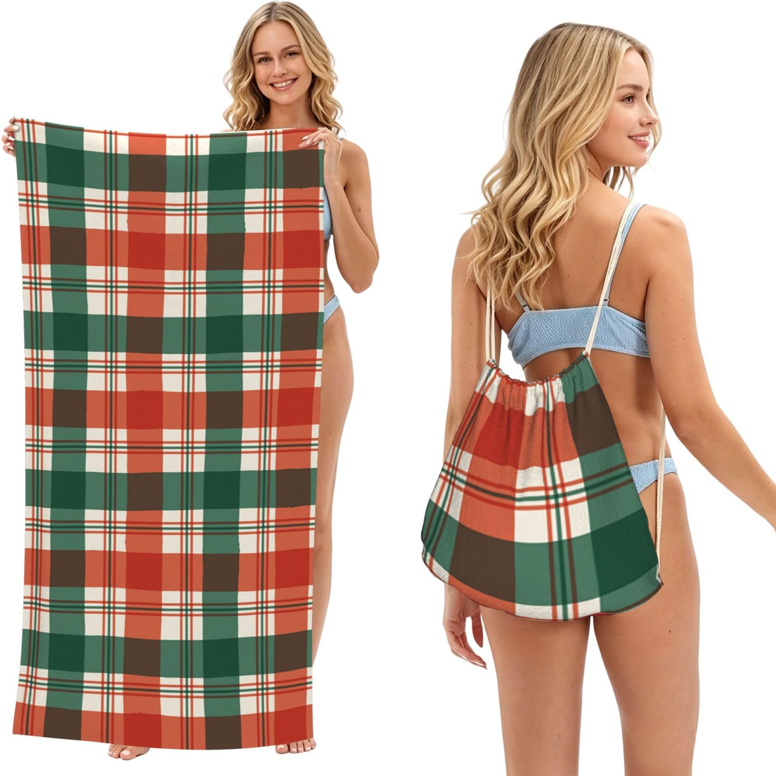 Poadnly As Picture Christmas Tartan, 2 In 1 Packable Towel Bag, Beach Towels With Drawstring Backpack For Travel Holiday Camping