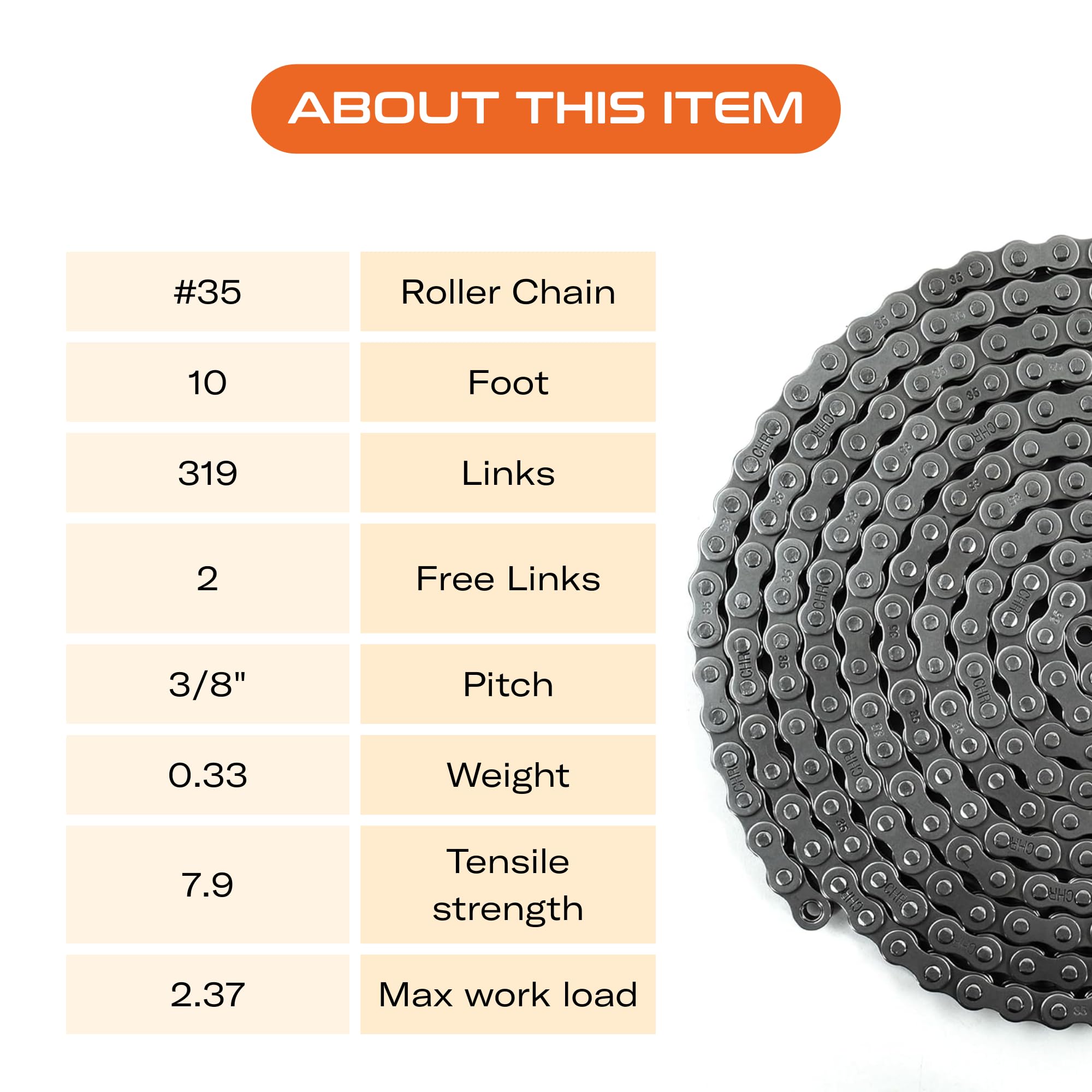 CHR #35 Roller Chain - 10FT | 319 Links + 2 Free Connecting Links | 3/8" Pitch Carbon Steel Chain | Industrial Chain for Bikes, Go-Karts, Bicycles & Machinery | ISO 9001-2000 Certified — Amazon image 3