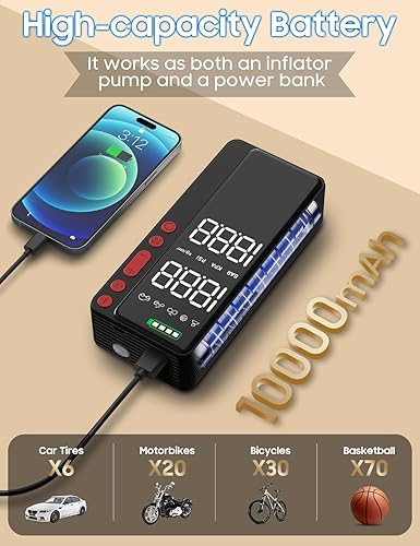 Miniatura 4 de Inflador de neumáticos, compresor de aire portátil, bomba de aire inalámbrica con aplicación inteligente de 10000 mAh y 150 PSI para neumáticos de