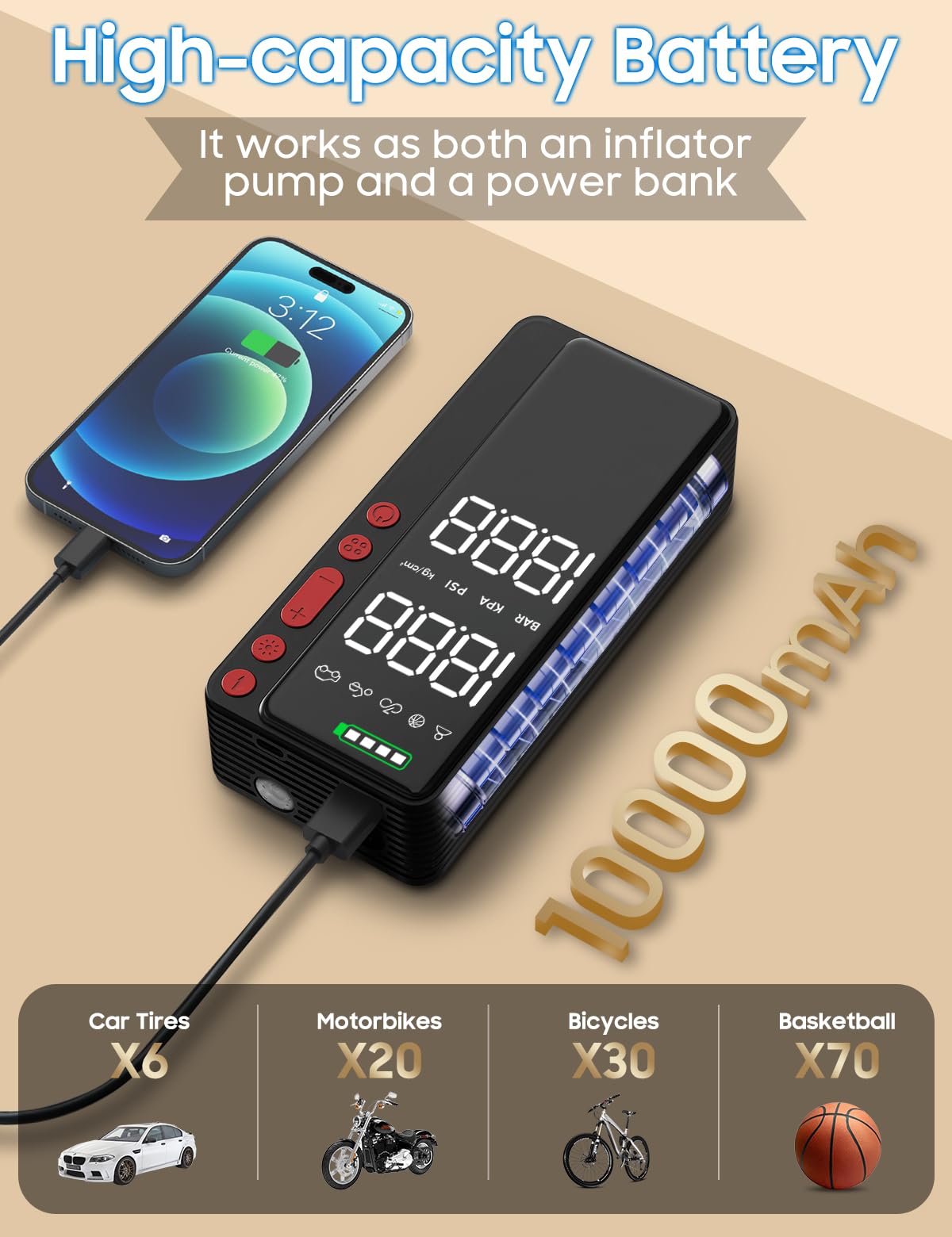 MATULSA Inflador de neumáticos, compresor de aire portátil, 10000 mAh y 150 PSI Smart App, bomba de aire inalámbrica para neumáticos de coche, almacenamiento de accesorios integrado, bomba de