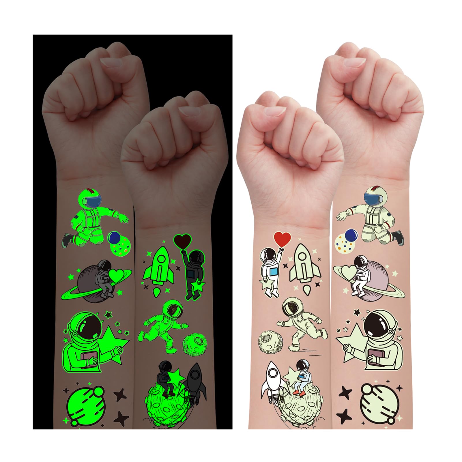 Partywind 225 Styles (30 Sheets) Luminous Space Kids Temporary Tattoos for Party Supplies, Outer Space Party Favors with Astronaut/Planet/Star/Moon, Games for Boys Children