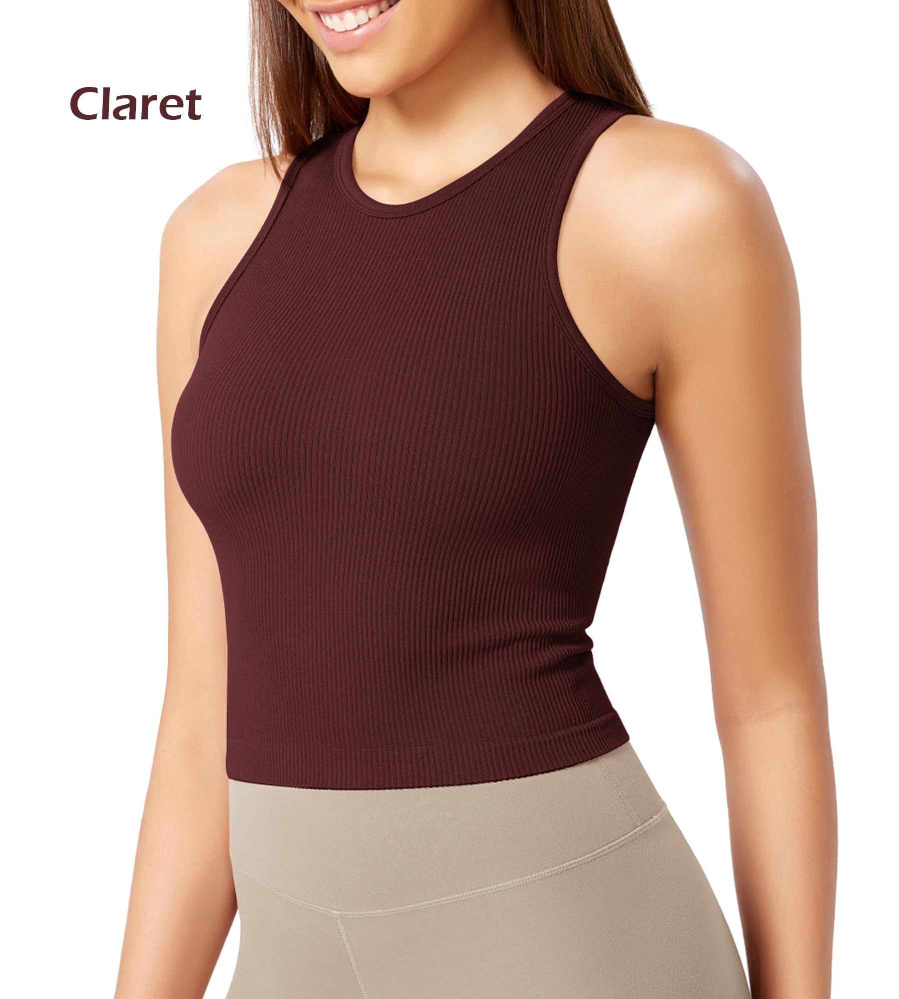 ODODOS 3-Pack Seamless Tank for Women Rib-Knit Soft Sleeveless High Neck Tank Tops, Waist Length, Claret+Ocean+Sky Blue, X-Large/XX-Large
