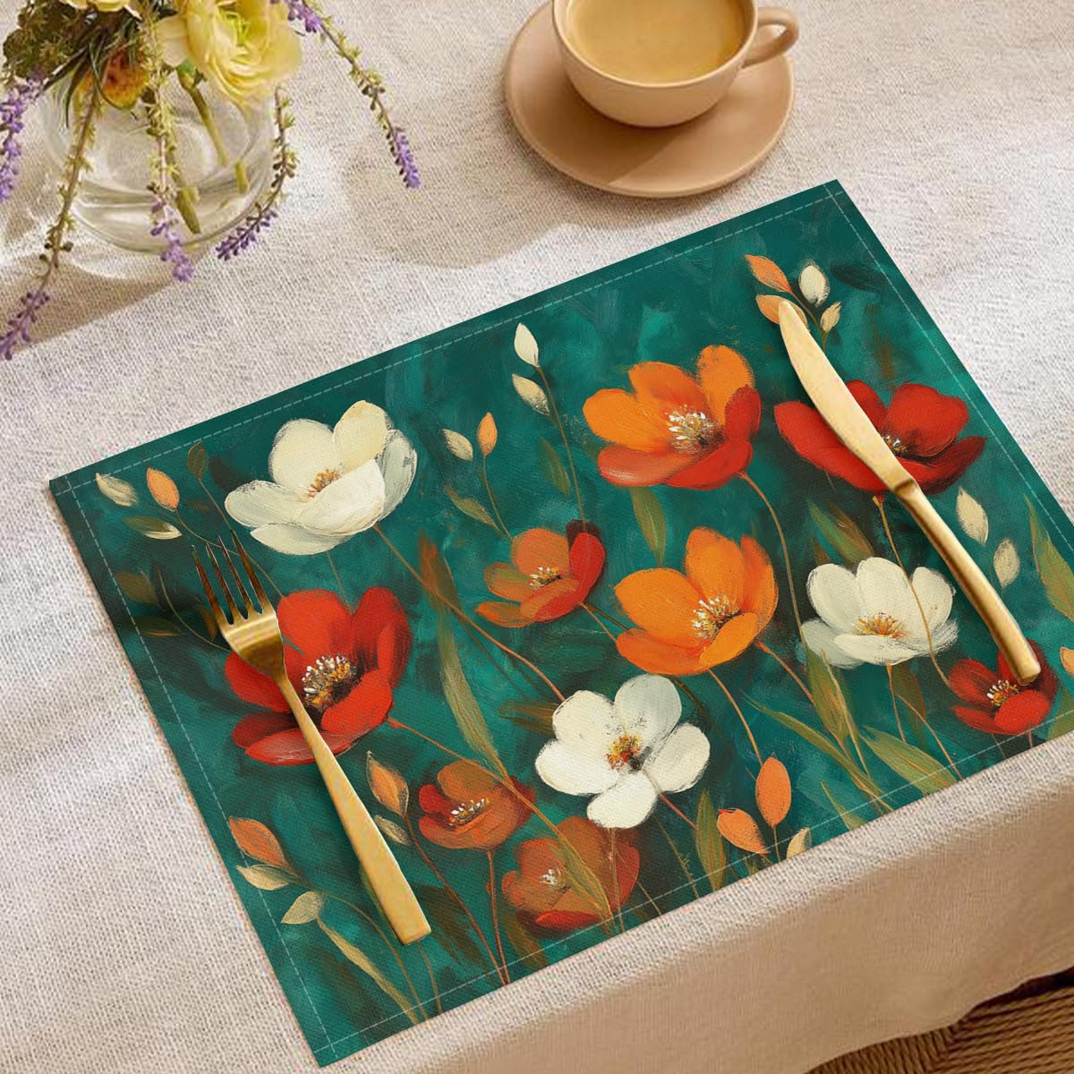 Set de table lin de coton pour repas en famille, lot de 8 lavable rectangulaire