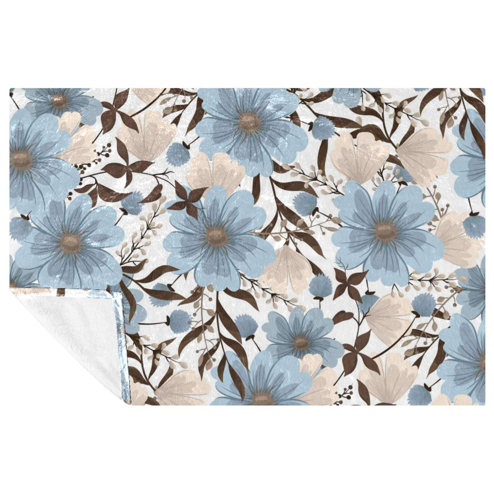 Plaid doux pour canapé couverture anti-froid fleurie bleu