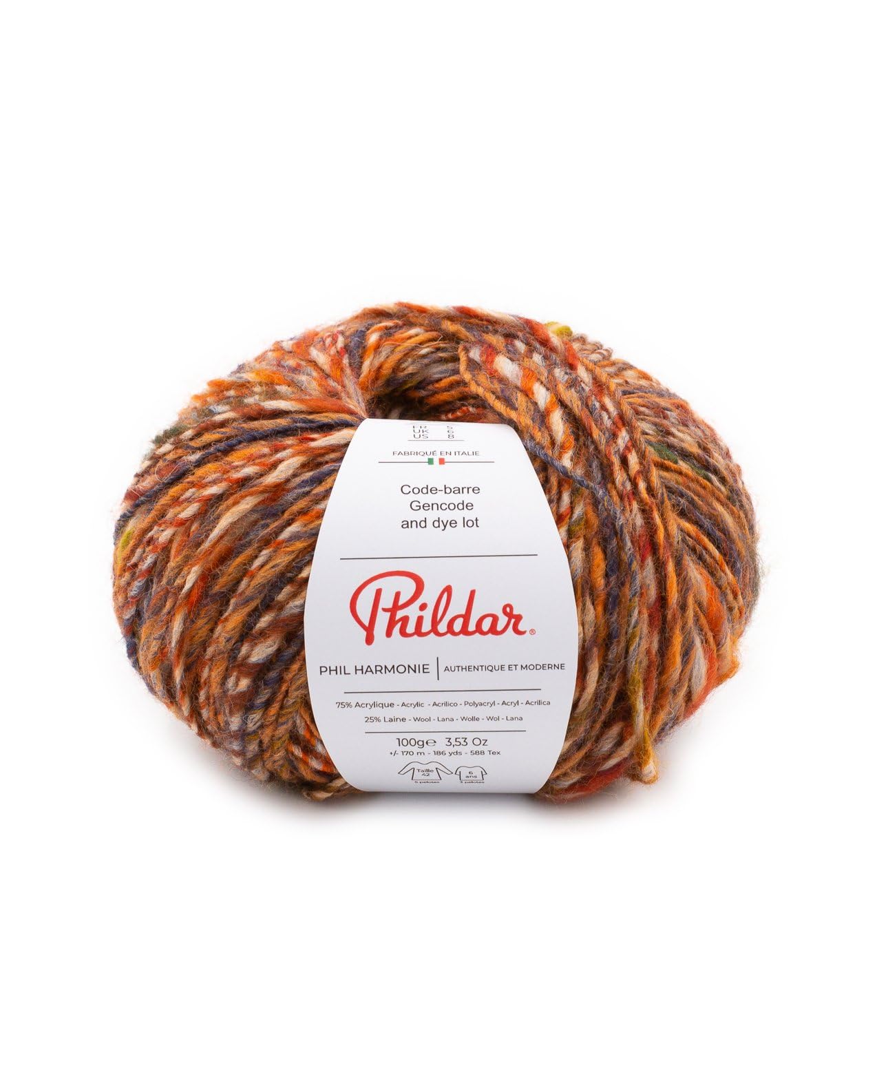 Phildar - Pelote de Laine Phil Harmonie - Laine à Crocheter et à Tricoter - 25% LAINE,​75% ACRYLIQUE - Aiguille n°5 - Couleur ORANGE