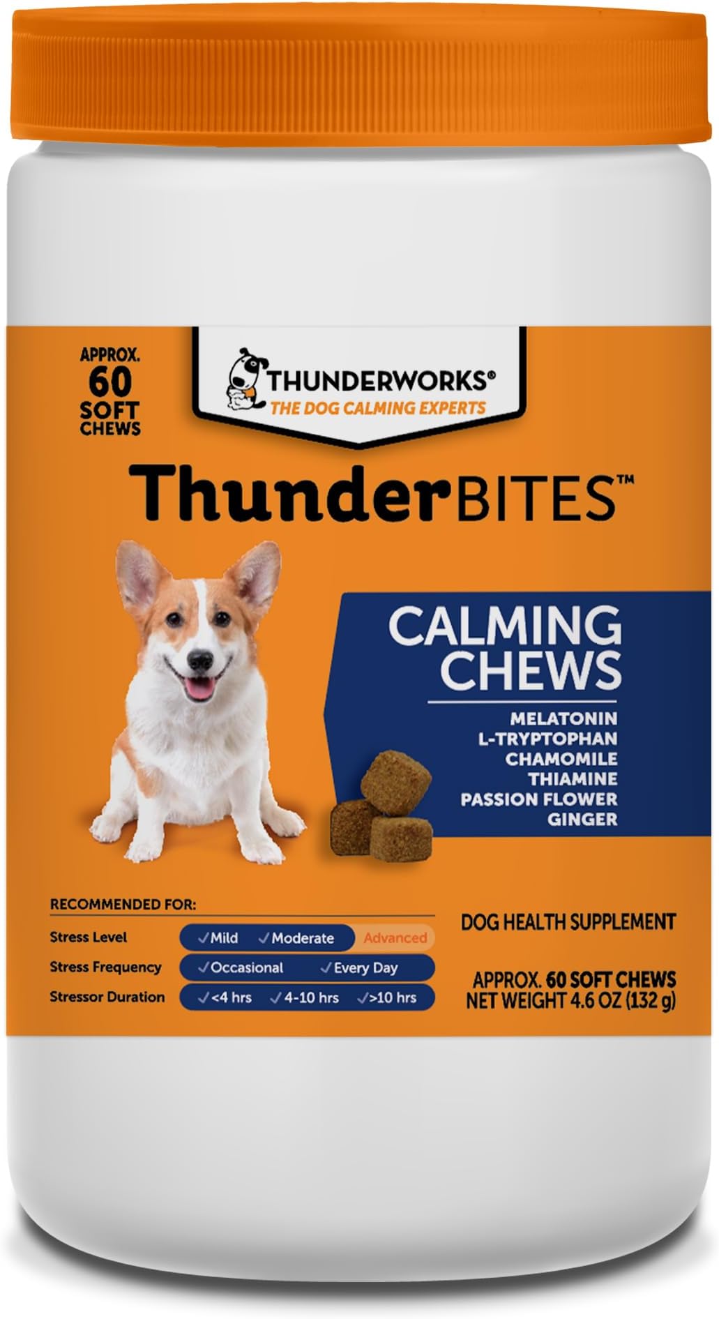 - ThunderBites Dog Calming Chews, Thiamine, L-Tryptophan, Melatonin and Ginger, Can Help Relieve Stress from Separation, Storms, Fireworks & Travel (60 Count), Formerly ThunderWunders
