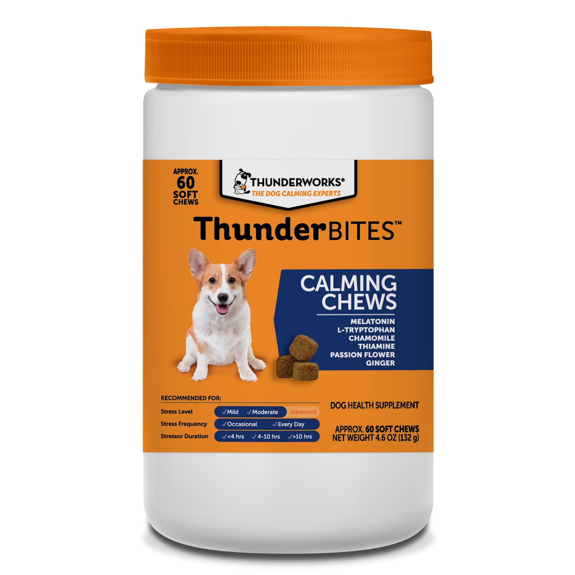 ThunderBites Dog Calming Chews, Thiamine, L-Tryptophan, Melatonin and Ginger, Can Help Relieve Stress from Separation, Storms, Fireworks & Travel (60 Count), formerly ThunderWunders