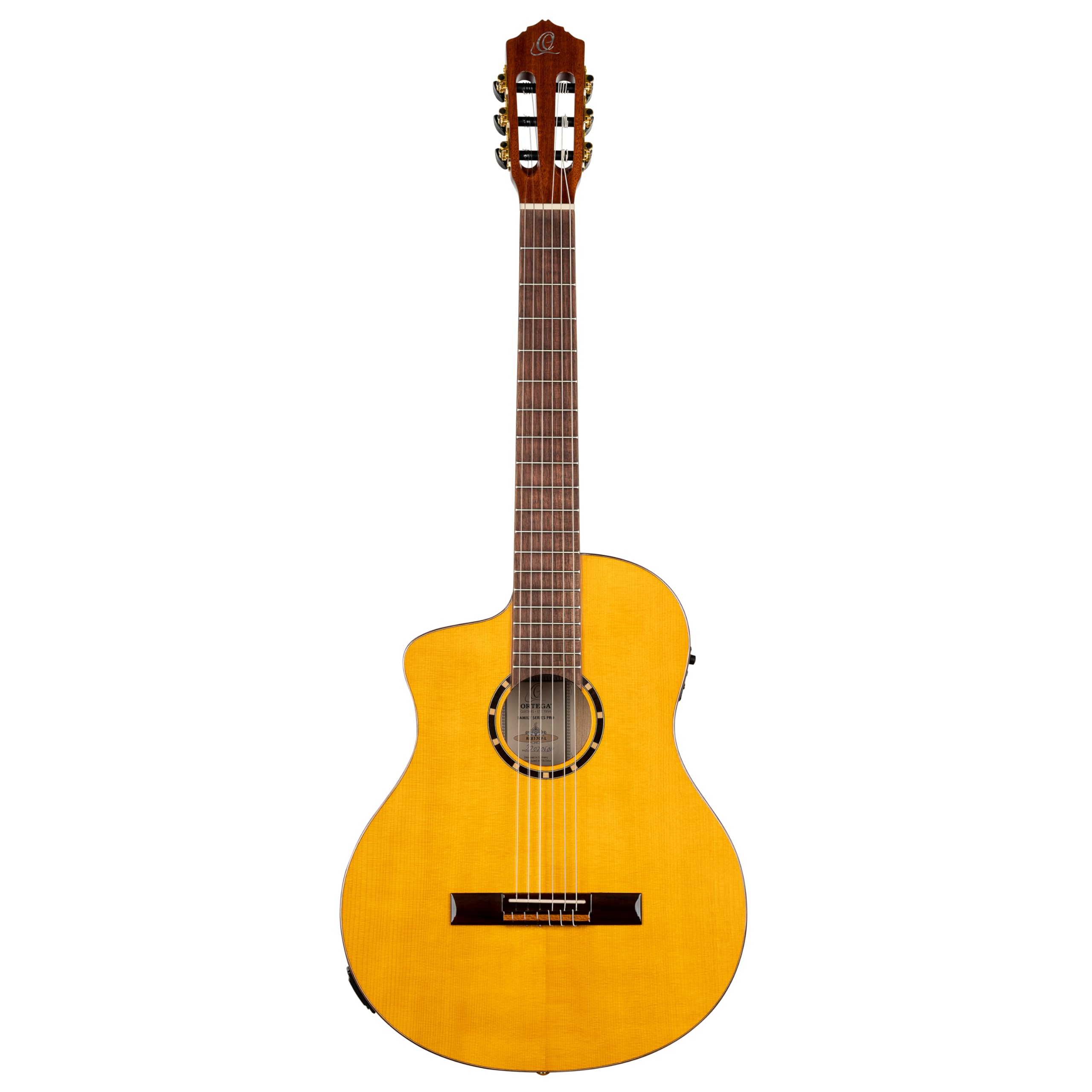 Ortega Guitars Family Series Pro - Guitarra flamenca para zurdos, tamaño 4/4, electroacústica, pícea y ciprés con acabado brillante, color amarillo – Incluye funda (RCE170F-L)