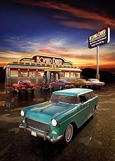 BELECO 5x7FT Fabric Retro 50s Diner Photography Backdrop Vintage Eatery Dinner Background Classic Cars Motorcycle Motel 1950s Backdrop Classic Car Party Decorations Portrait Photoshoot Studio Props