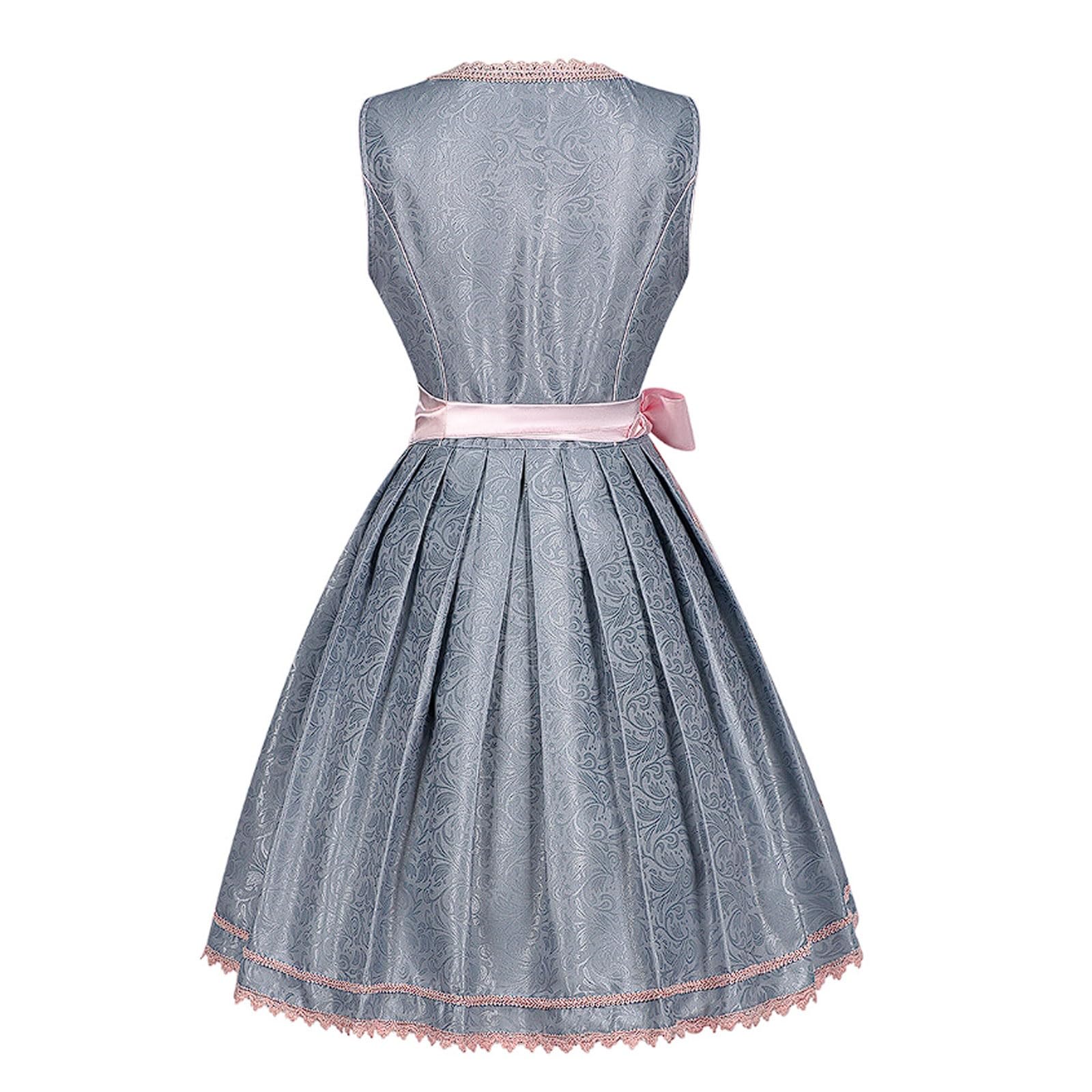 esmen Elegante Abito da Cameriera in Jacquard Scuro con Cerniera Laterale, Abito da Lavoro da Bar Grigio-Argento con Grembiule in Rete Rosa e Colletto in Pizzo