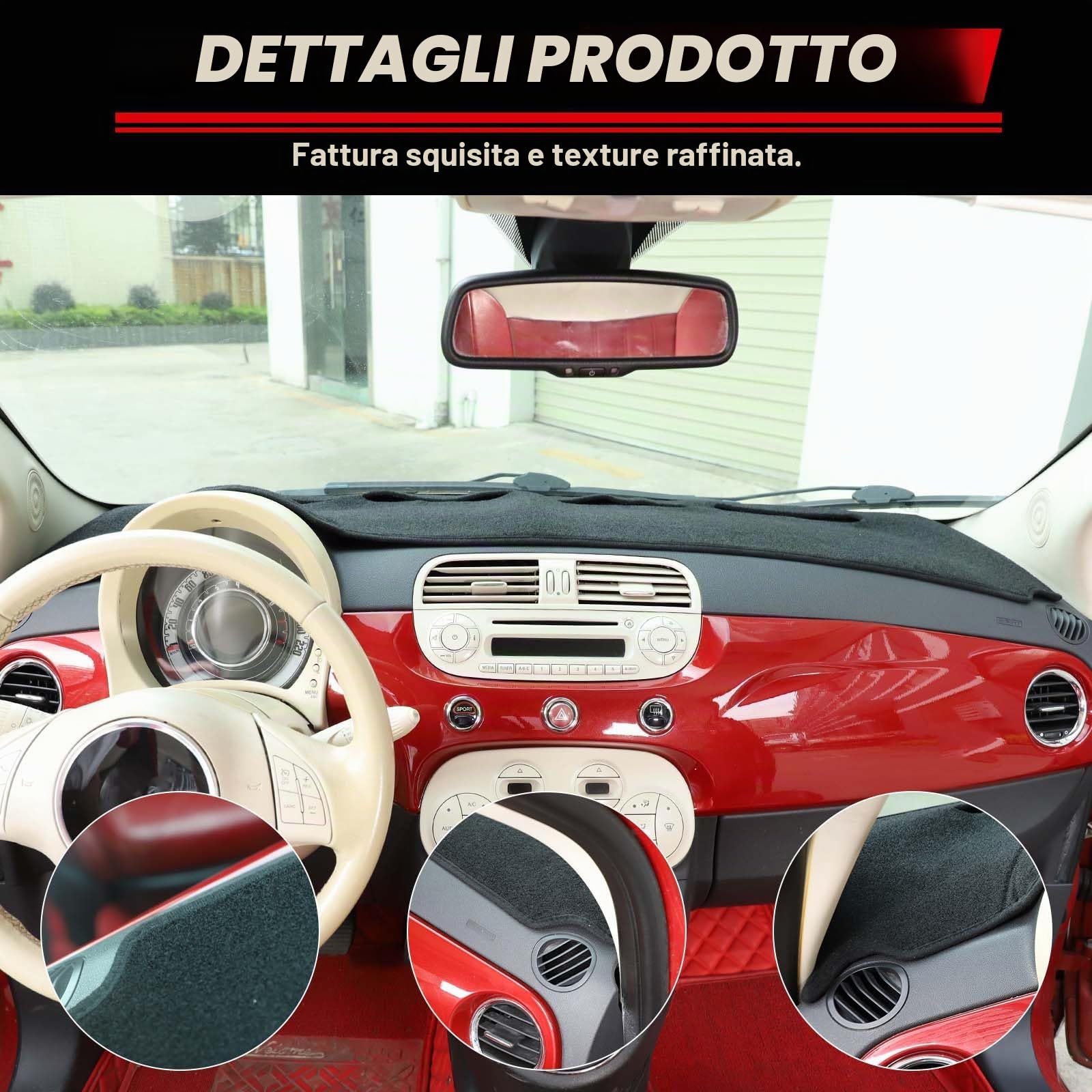 Tappetino protettivo per cruscotto compatibile con Fiat 500 2008-2023 - Fodera antiscivolo anti-UV, protezione solare (nero, guida a sinistra)