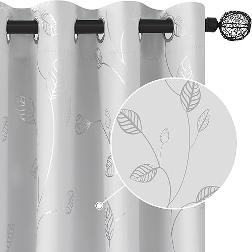 BUHUA Cortinas opacas con estampado de hojas plateadas onduladas para sala de estar, cortinas de oscurecimiento con bloqueo de luz para dormitorio,