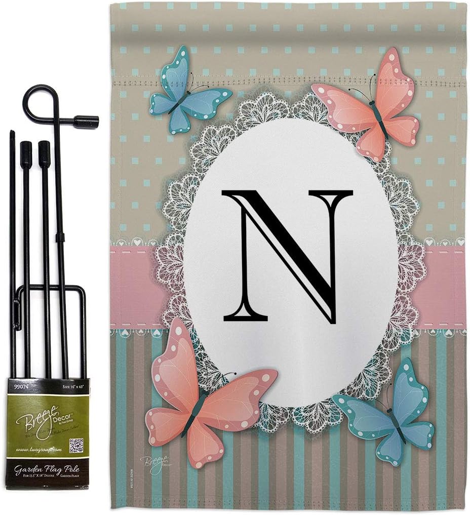 Butterflies N Initial Burlap Garden Flag Monogram Friends Butterfly Ladybugs Dragonfly Bee Springtime Insect Natural Wildlife Small Decorative Gift Yard House Banner Double-Sided Made In USA 13 X 18.5