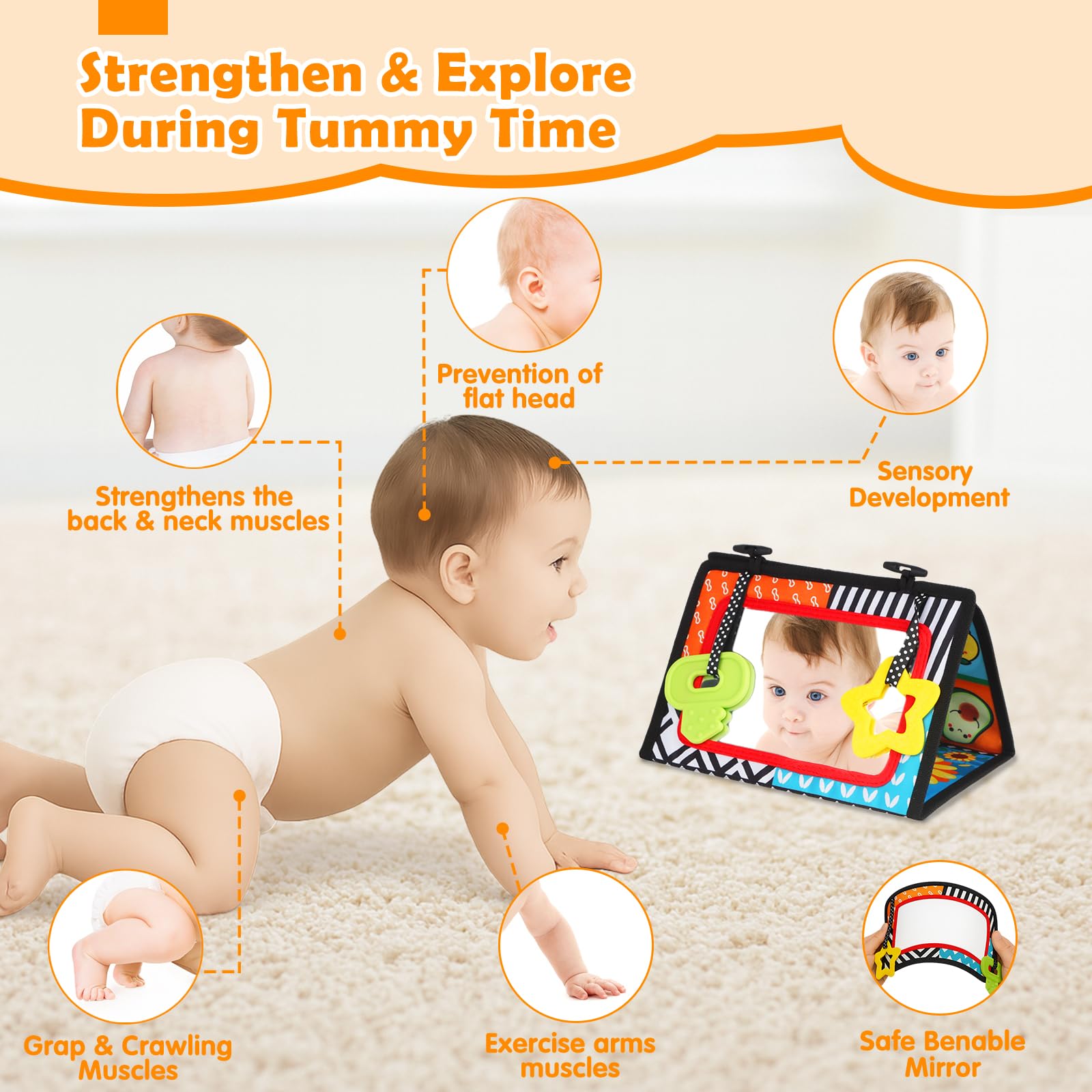 Juguetes para bebés de 0 a 6 meses – Juguete para bebés de alto contraste en blanco y negro – Espejo de bebé con mordedor de libro de tela – Juguete sensorial arrugado Montessori para bebés de 0-3-6 5