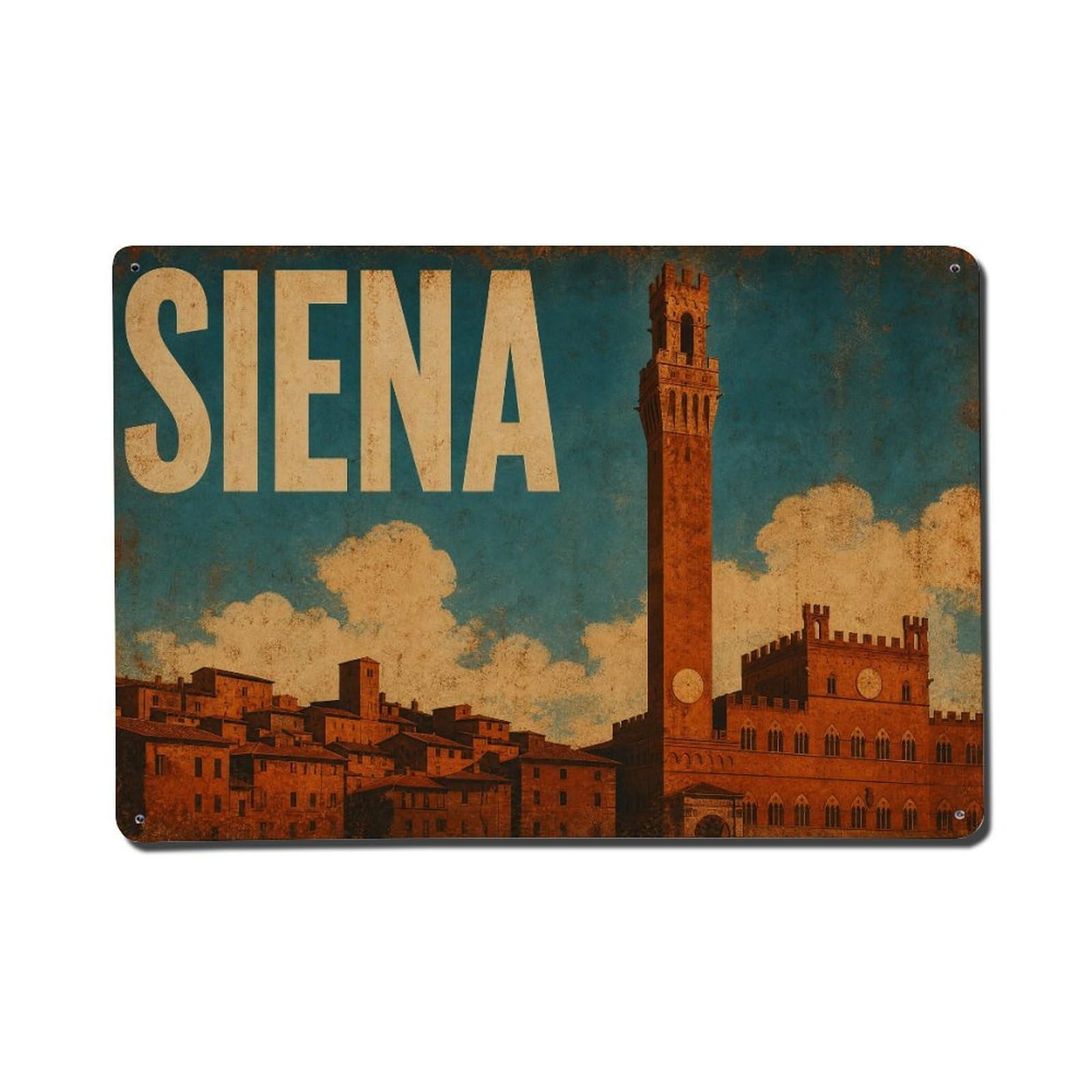 Huiyhb 8X12inch(20X30cm) Vintage Travel Siena Torre Mangia Tower Skyline Italy Metal Tin Sign